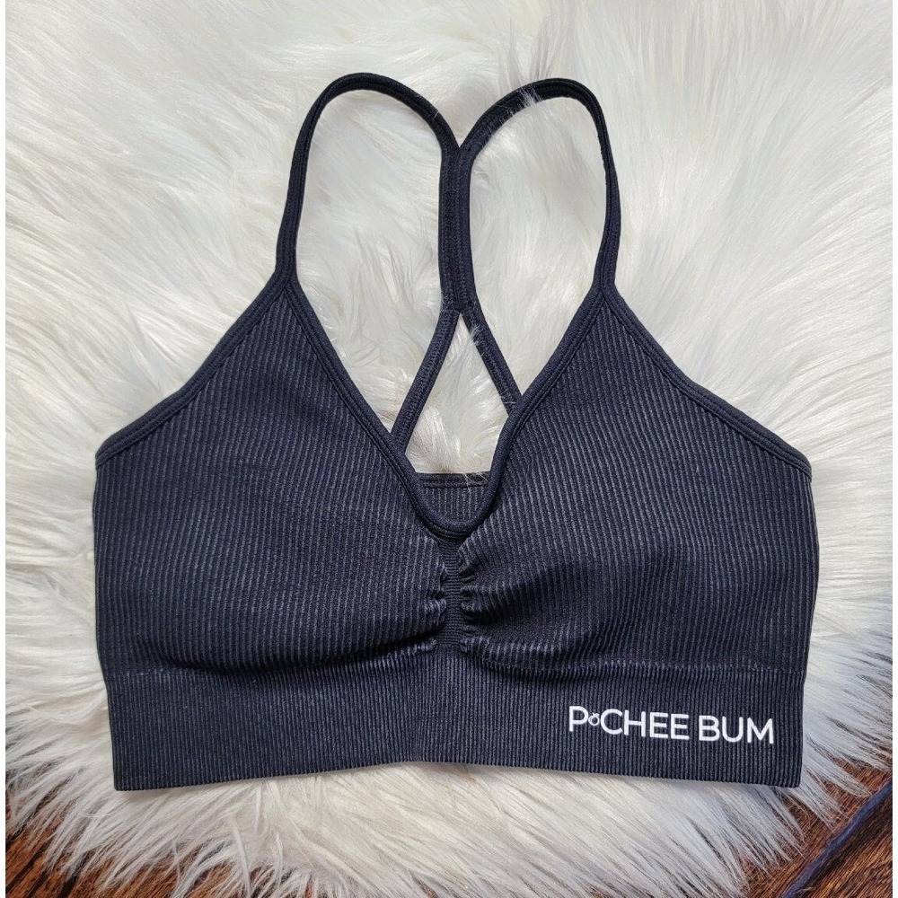 PCHEE BUM Sports Bra Women's Size SMALL Ribbed Racerback Charcoal Gray